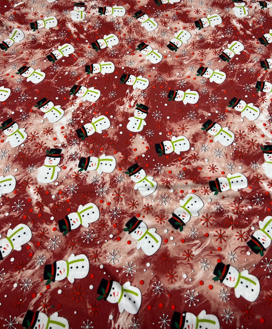 Burgundy Red Snowman Print Soft Spun Poly Stretch Fabric