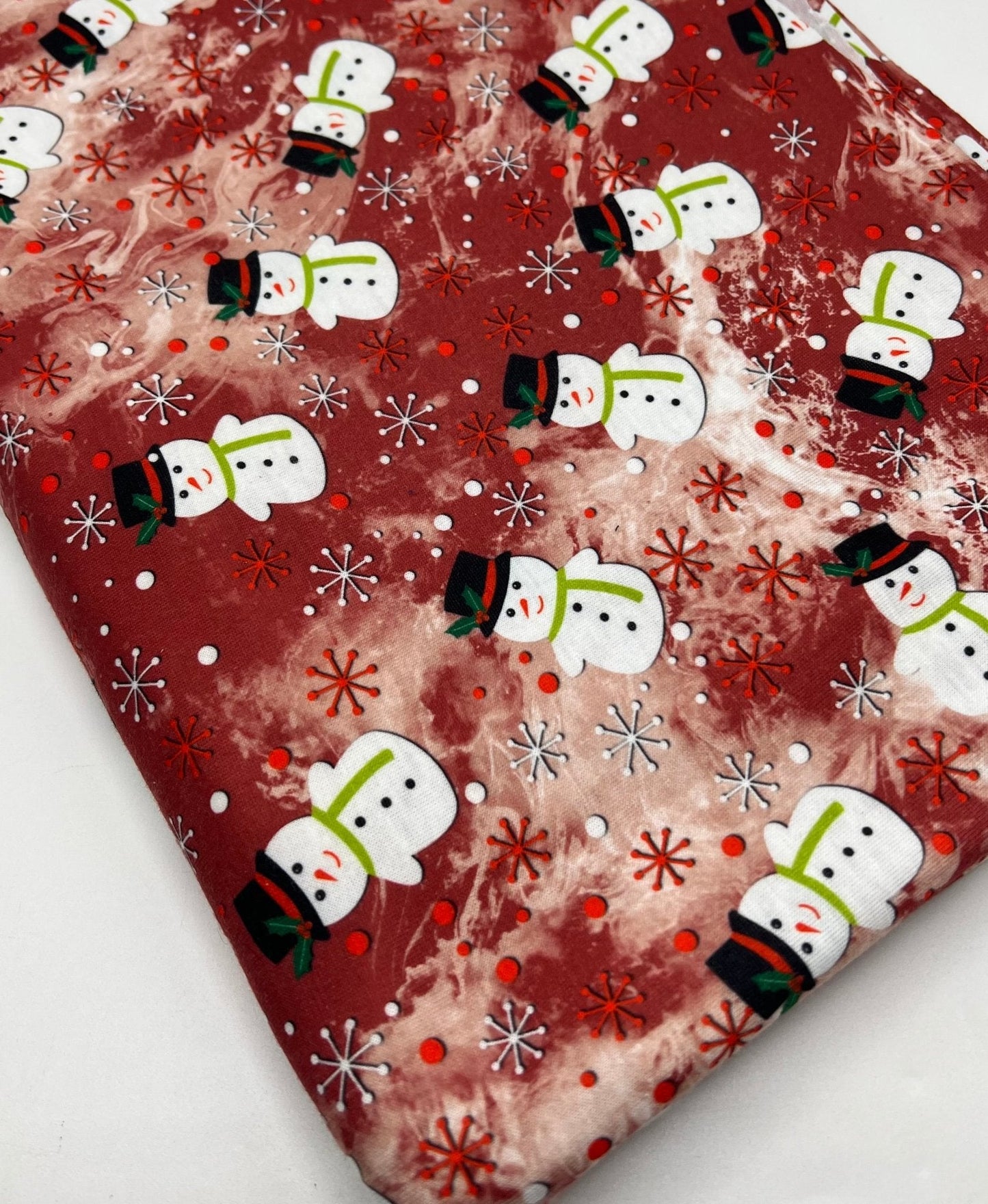 Burgundy Red Snowman Print Soft Spun Poly Stretch Fabric
