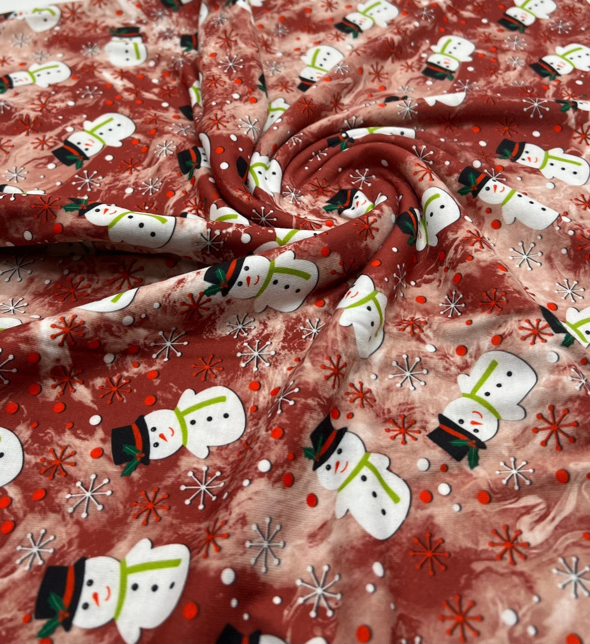 Burgundy Red Snowman Print Soft Spun Poly Stretch Fabric