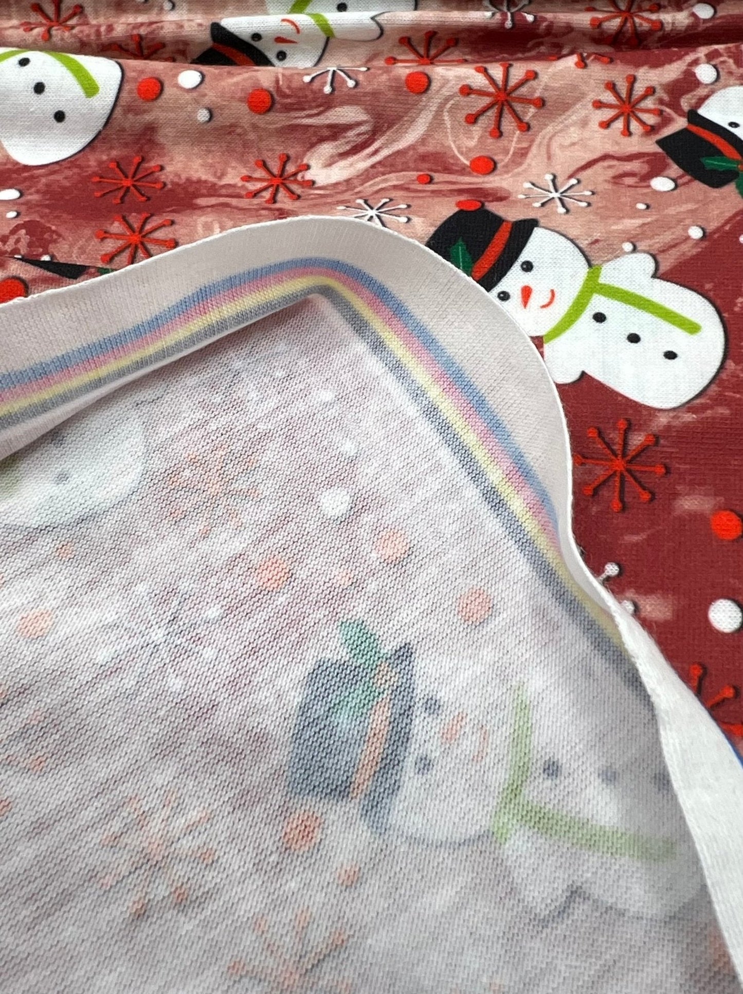 Burgundy Red Snowman Print Soft Spun Poly Stretch Fabric