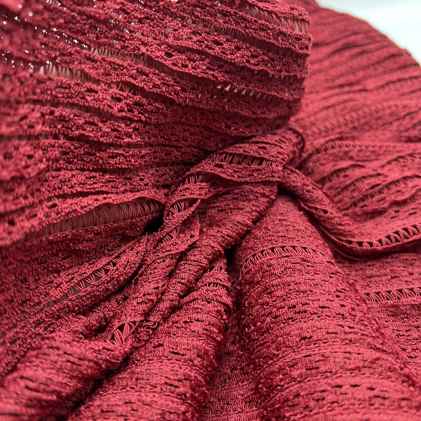 Burgundy Ruffle Crochet Frill Knitted Stretch Fabric 300GSM