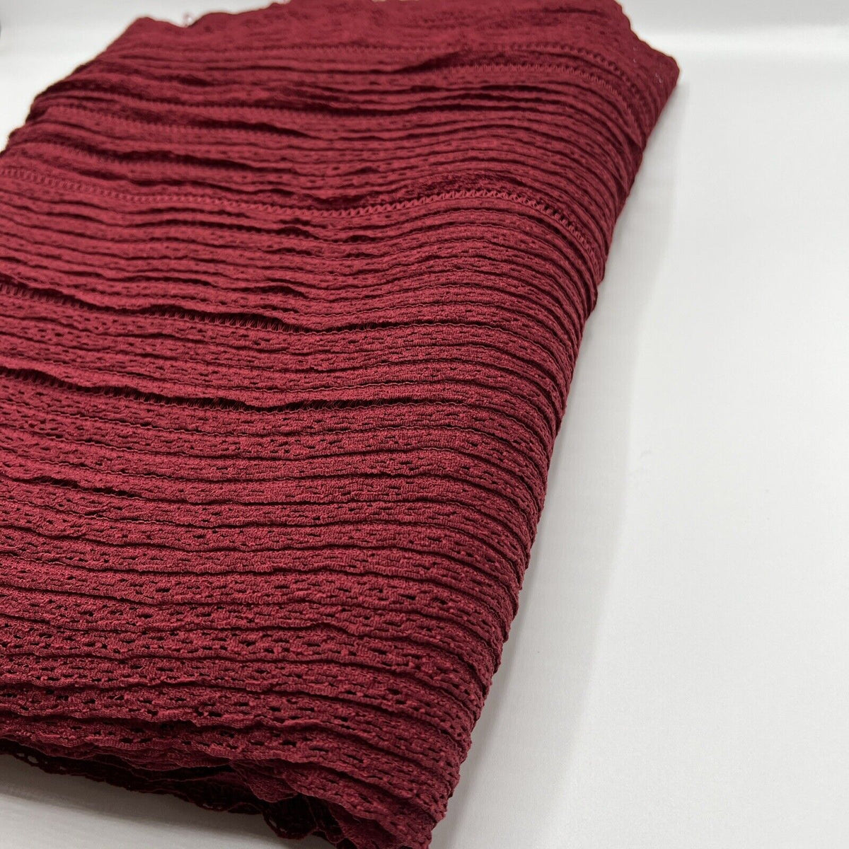Burgundy Ruffle Crochet Frill Knitted Stretch Fabric 300GSM