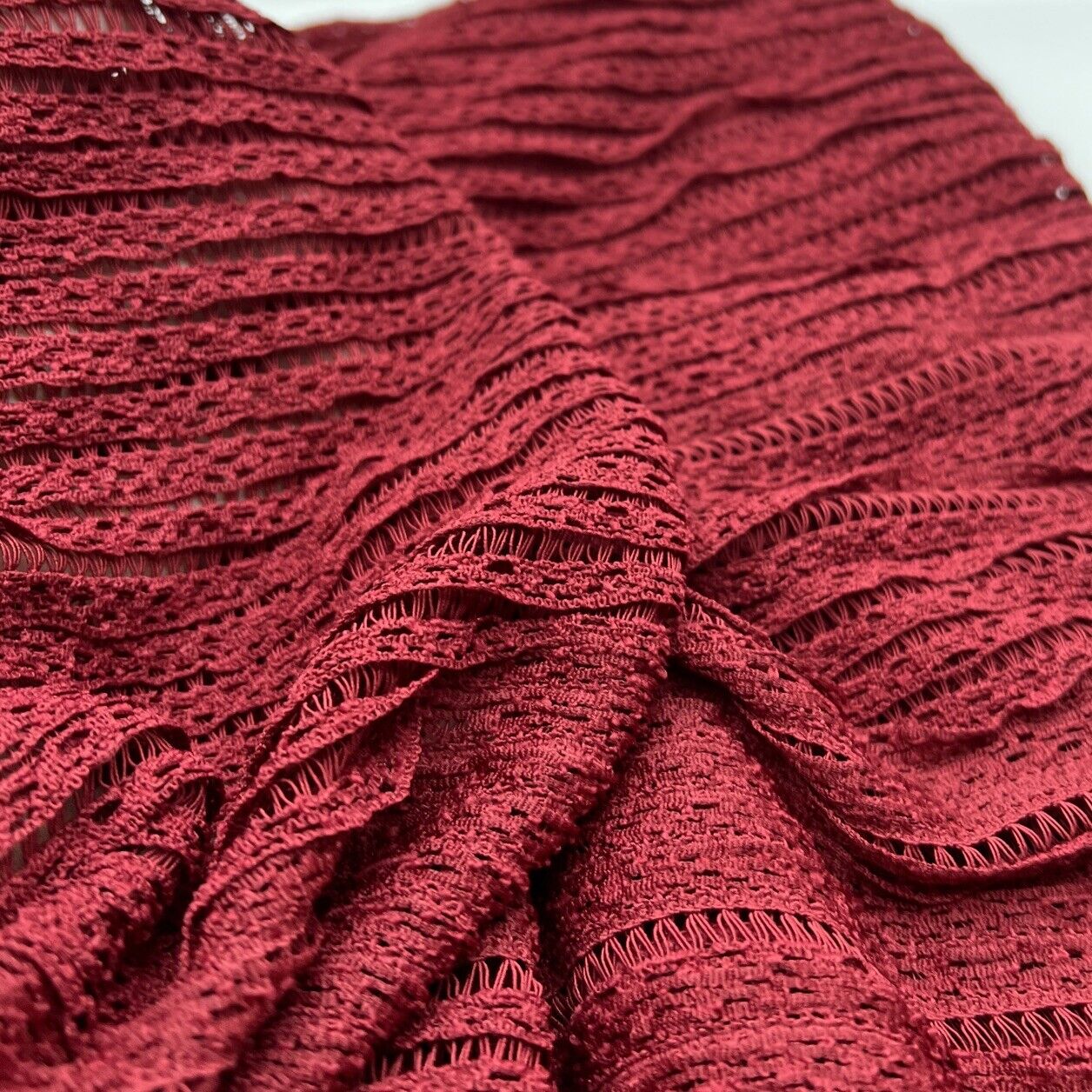 Burgundy Ruffle Crochet Frill Knitted Stretch Fabric 300GSM