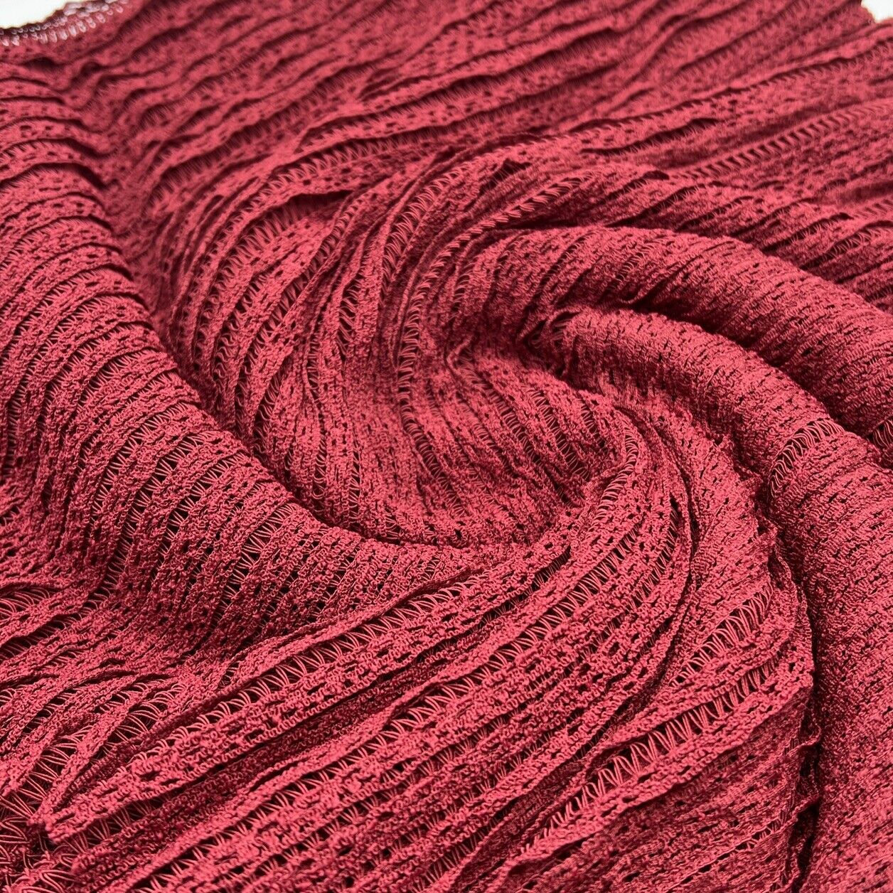 Burgundy Ruffle Crochet Frill Knitted Stretch Fabric 300GSM