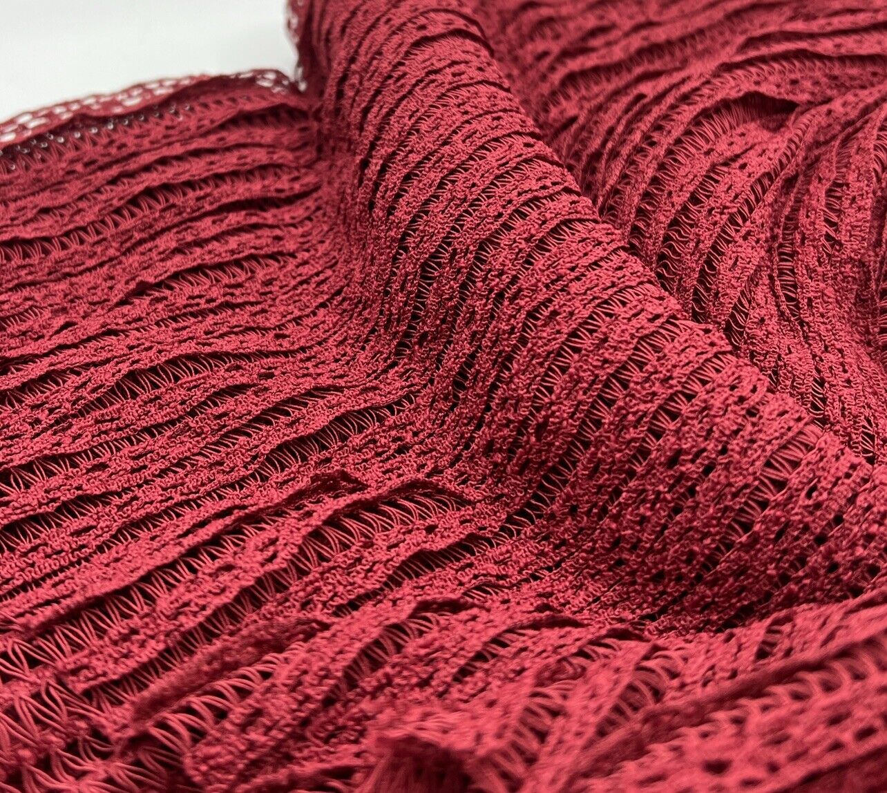Burgundy Ruffle Crochet Frill Knitted Stretch Fabric 300GSM