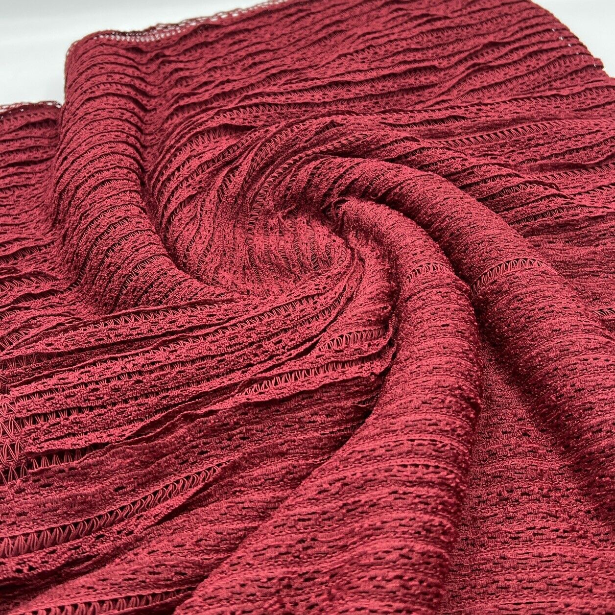 Burgundy Ruffle Crochet Frill Knitted Stretch Fabric 300GSM