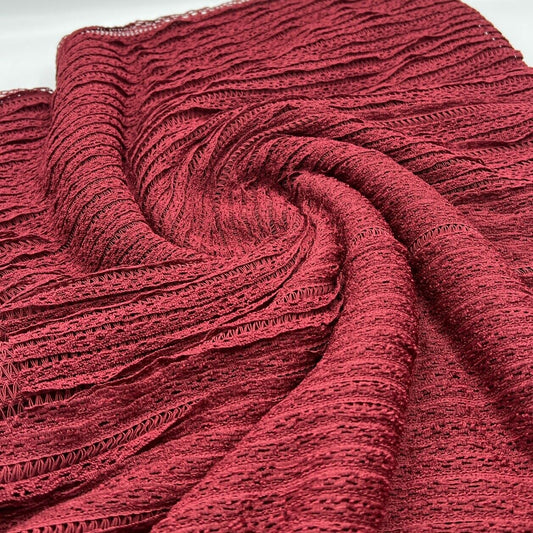 Burgundy Ruffle Crochet Frill Knitted Stretch Fabric 300GSM