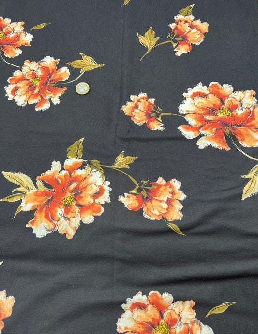 Burnt Orange Floral Print Spun Poly Stretch Fabric