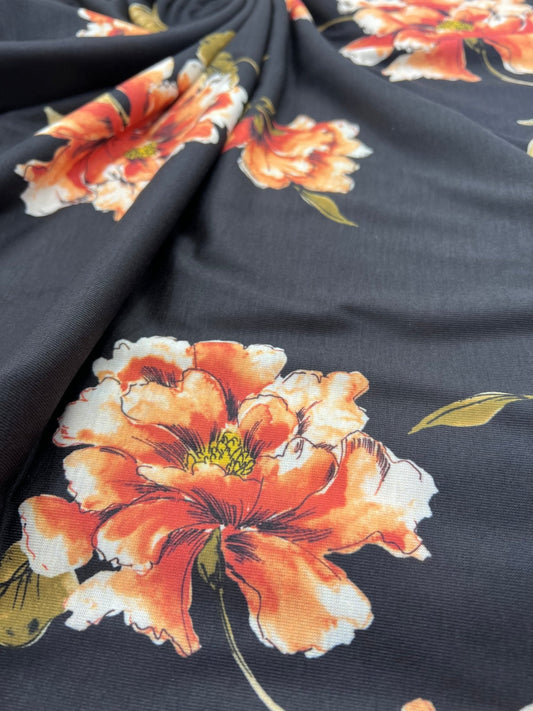 Burnt Orange Floral Print Spun Poly Stretch Fabric