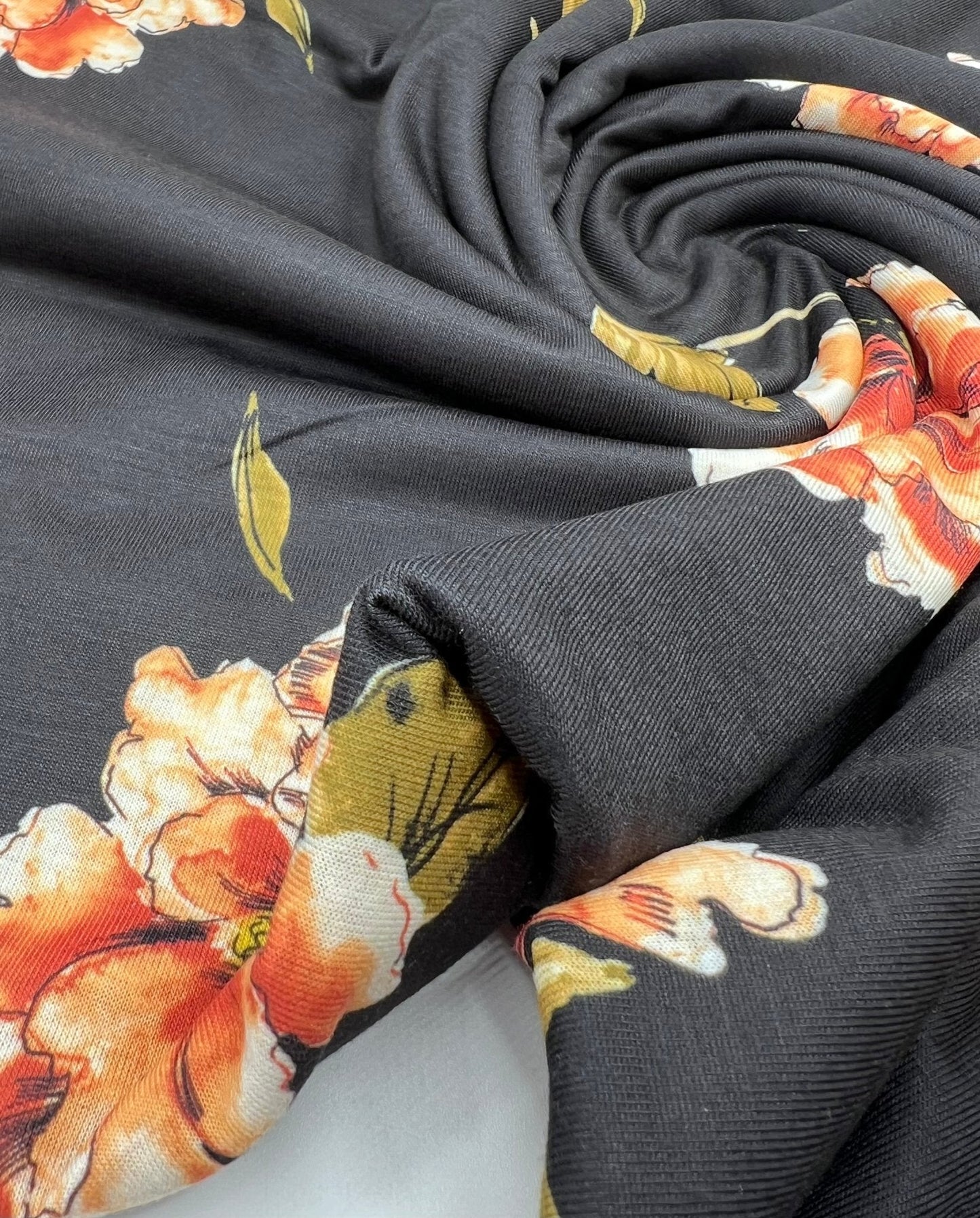 Burnt Orange Floral Print Spun Poly Stretch Fabric
