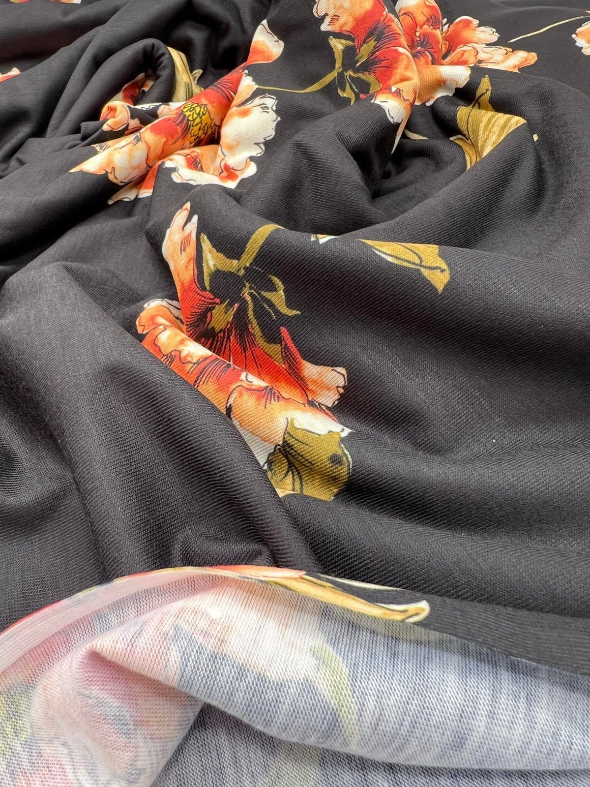 Burnt Orange Floral Print Spun Poly Stretch Fabric