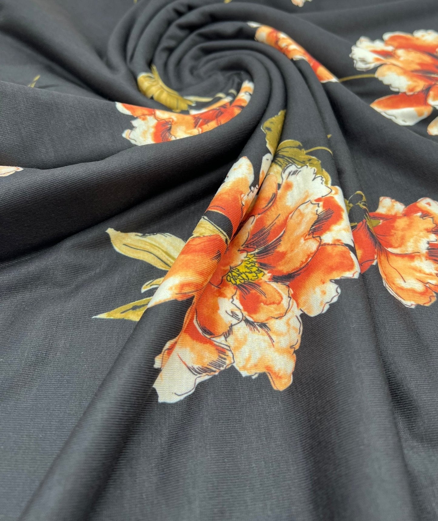 Burnt Orange Floral Print Spun Poly Stretch Fabric