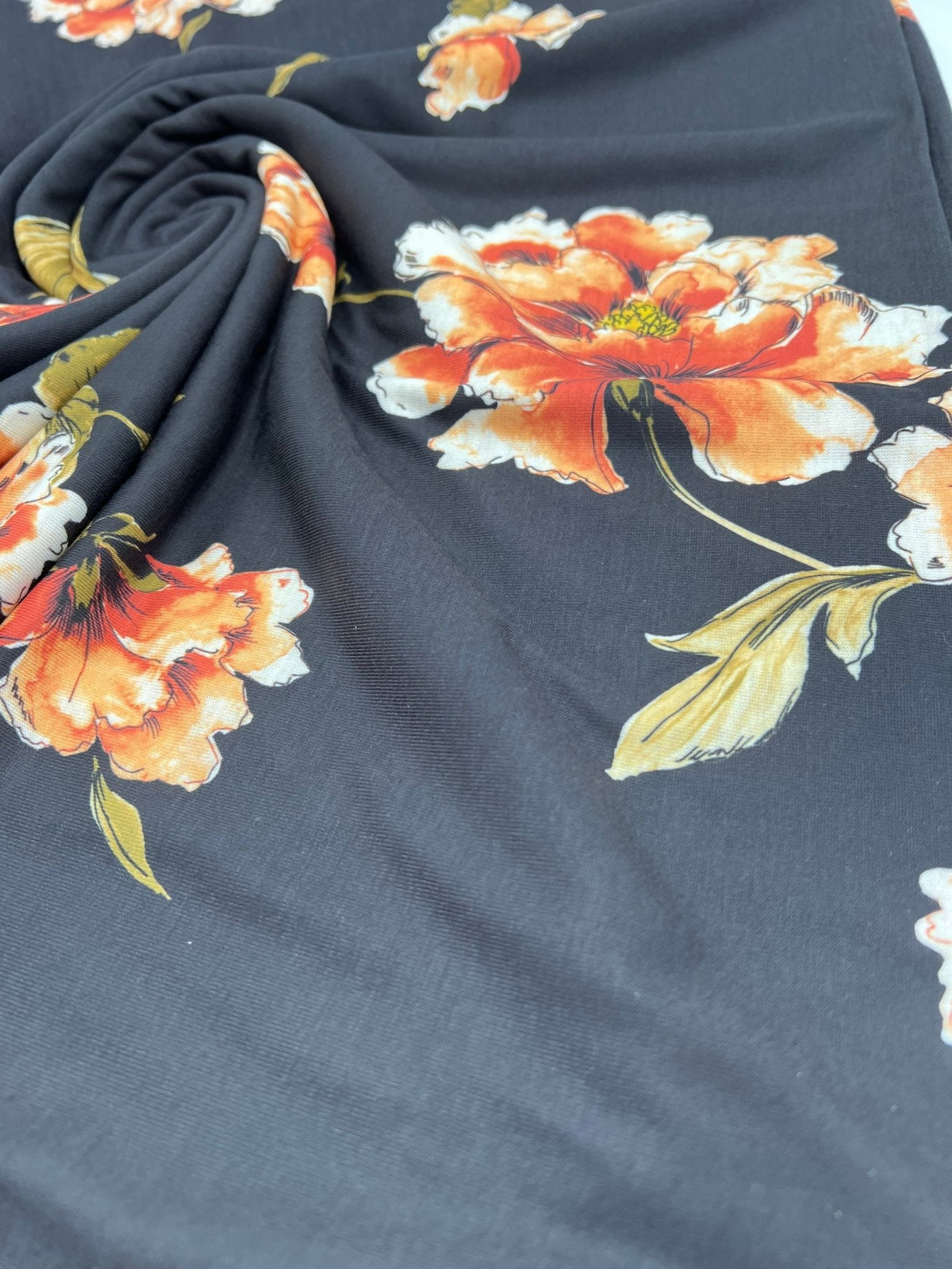 Burnt Orange Floral Print Spun Poly Stretch Fabric
