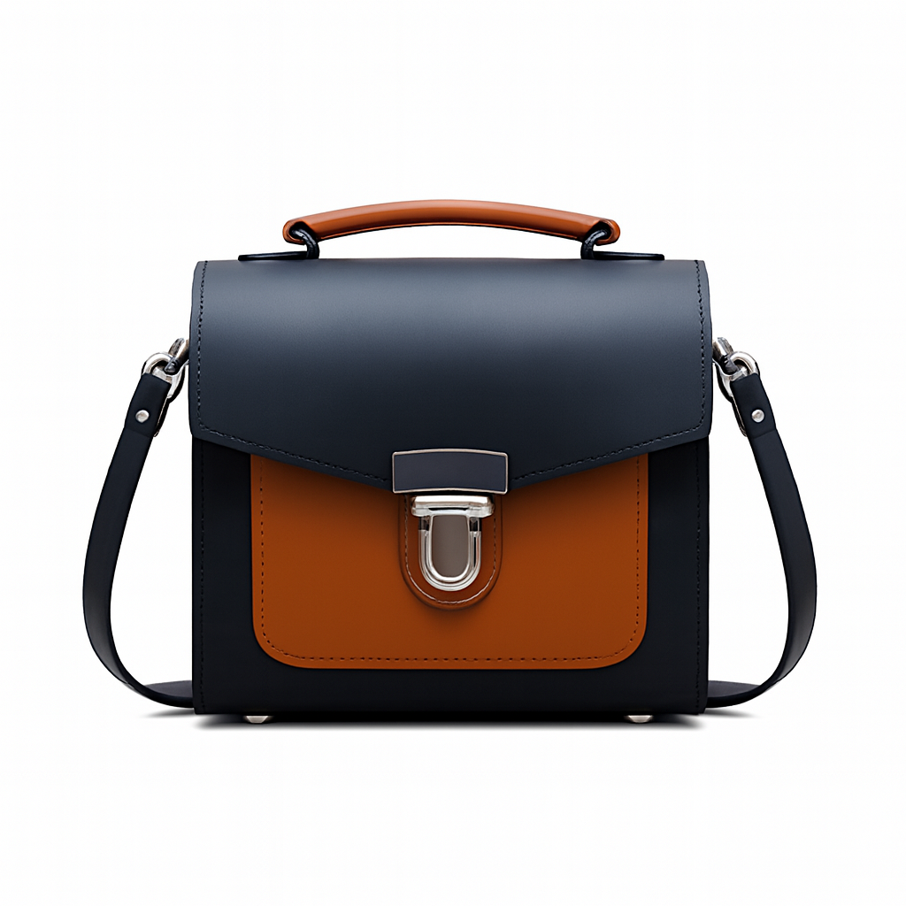 Handmade Leather Two Tone Sugarcube Handbag Black -  Burnt Orange