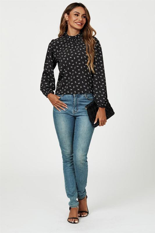 Bow Print Frill Detail High Neck Top In Black