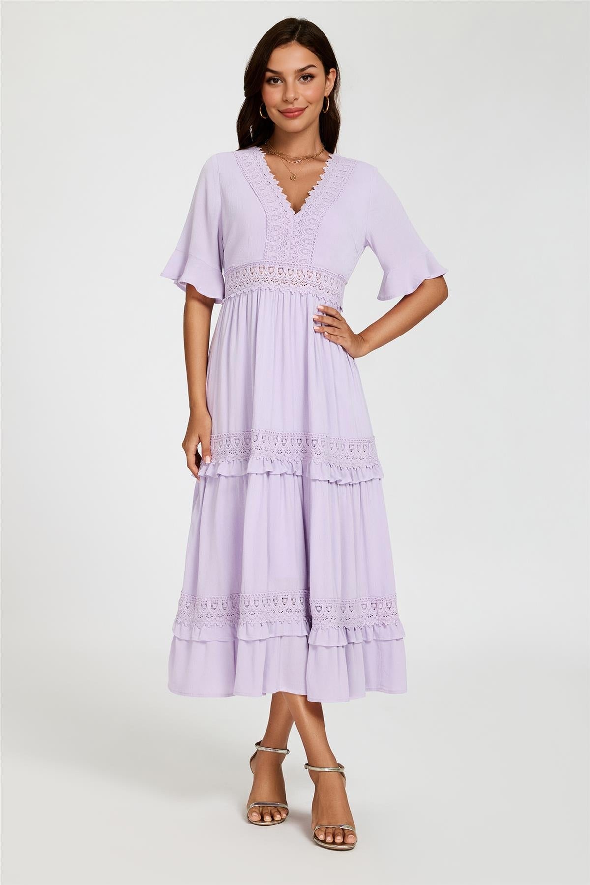 V Neck Lace Detail Midi Dress In Purple