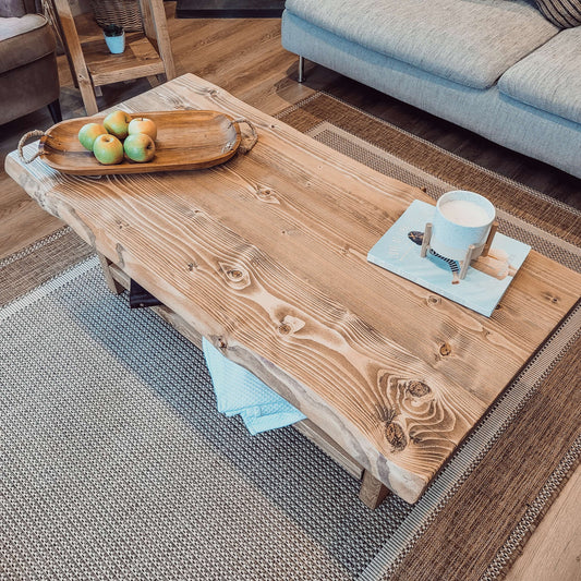 LORIE Chunky Live / Waney Edge Coffee Table With Shelf