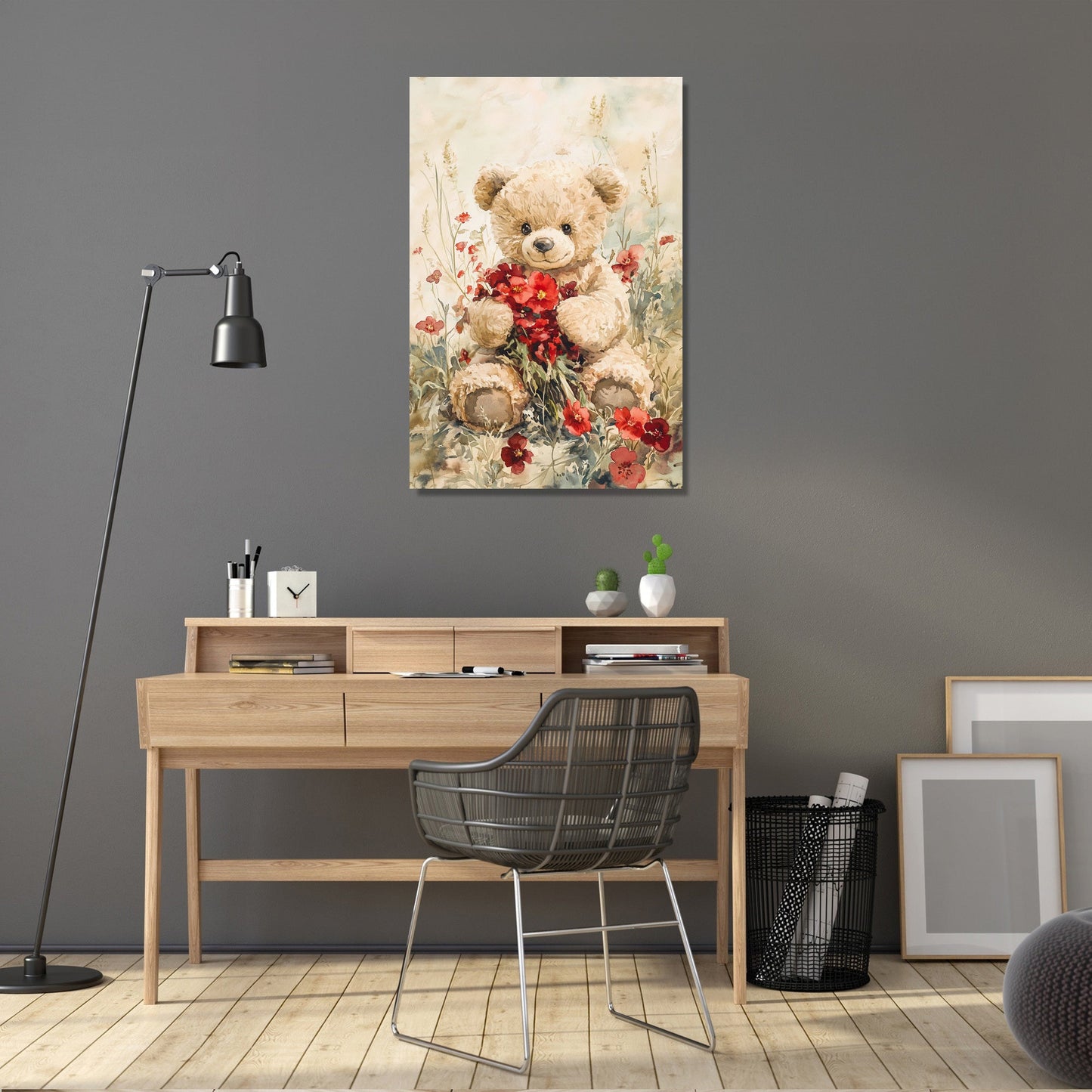 Teddy's Floral Embrace Canvas