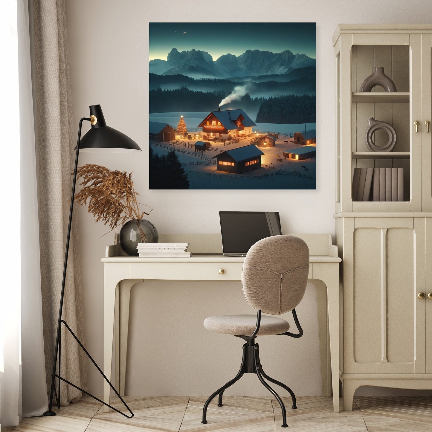 Mountain Farm Holiday Night Canvas