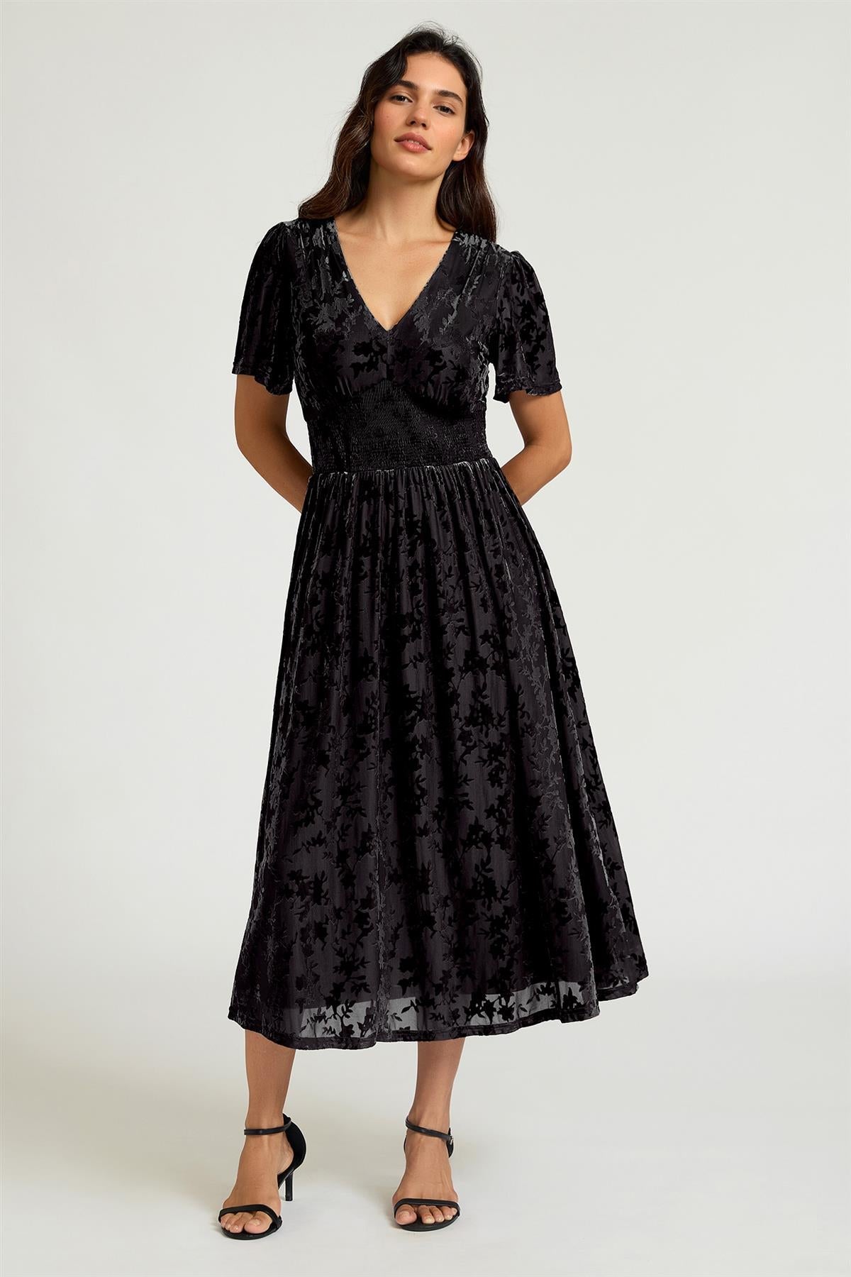 Black Velvet Burnout V-Neck Angel Sleeve Midi Dress