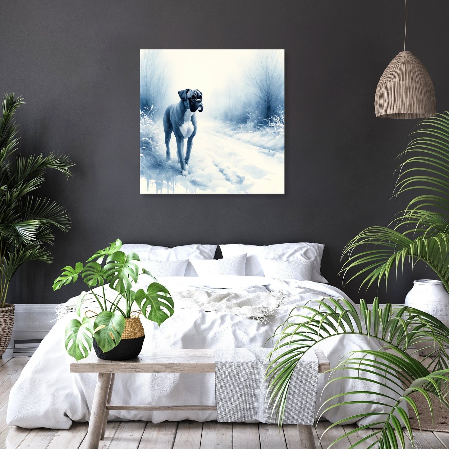 Boxer's Winter Walk Snowy Scene Canvas