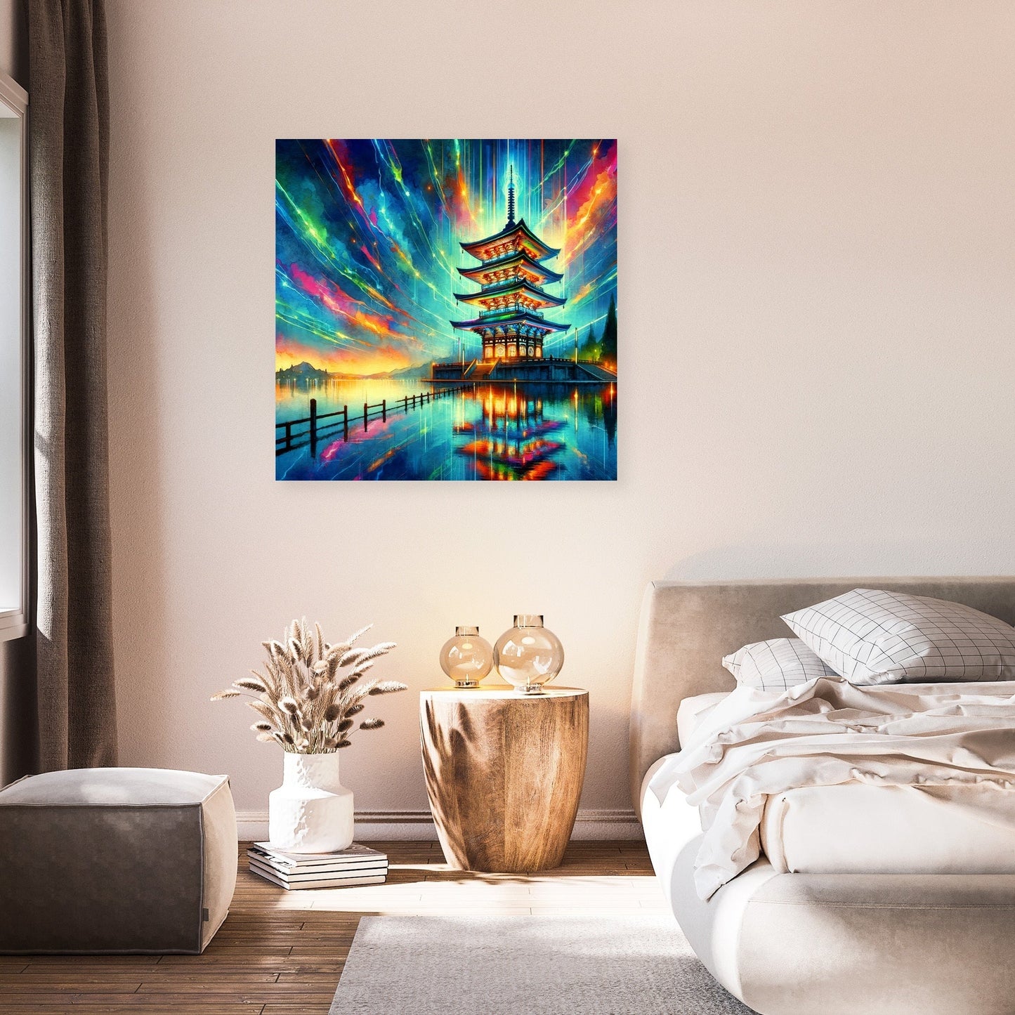 Neon Reflection Pagoda Canvas