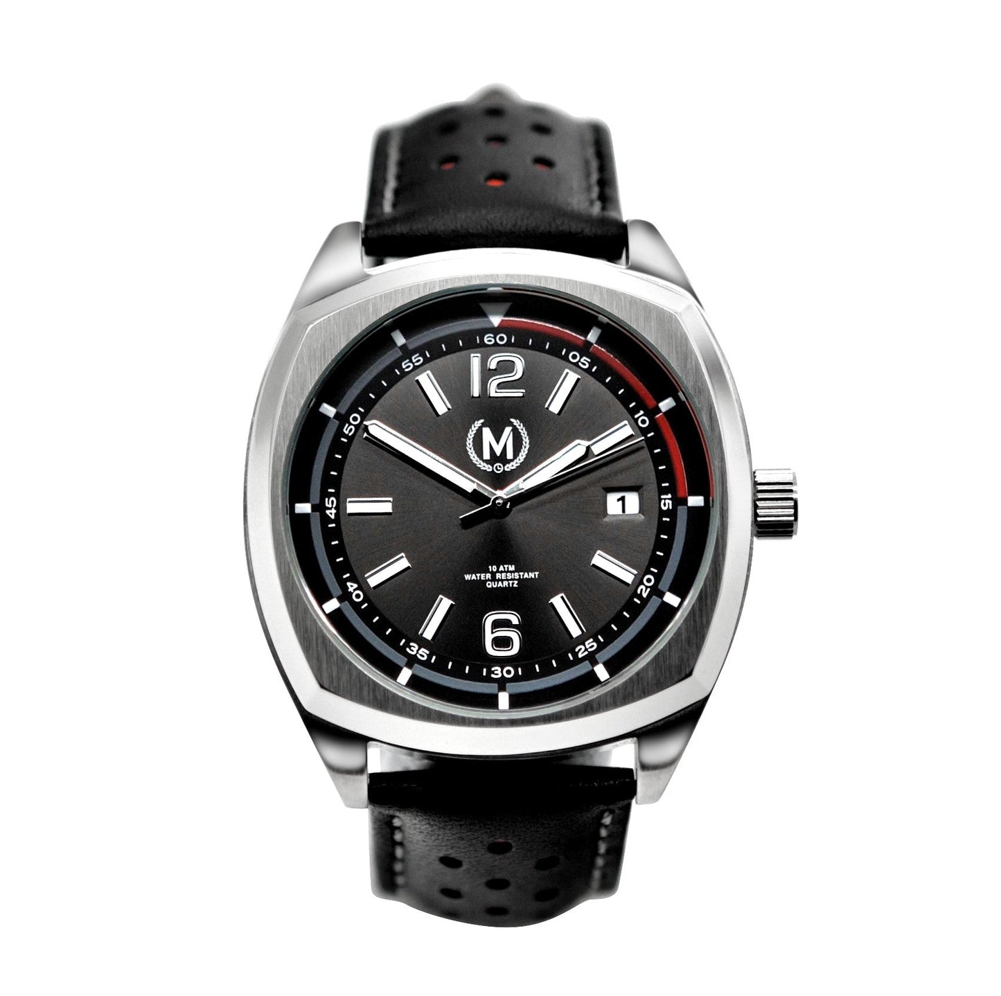 Black And Red Leather Rally Watch Strap, Silver Buckle