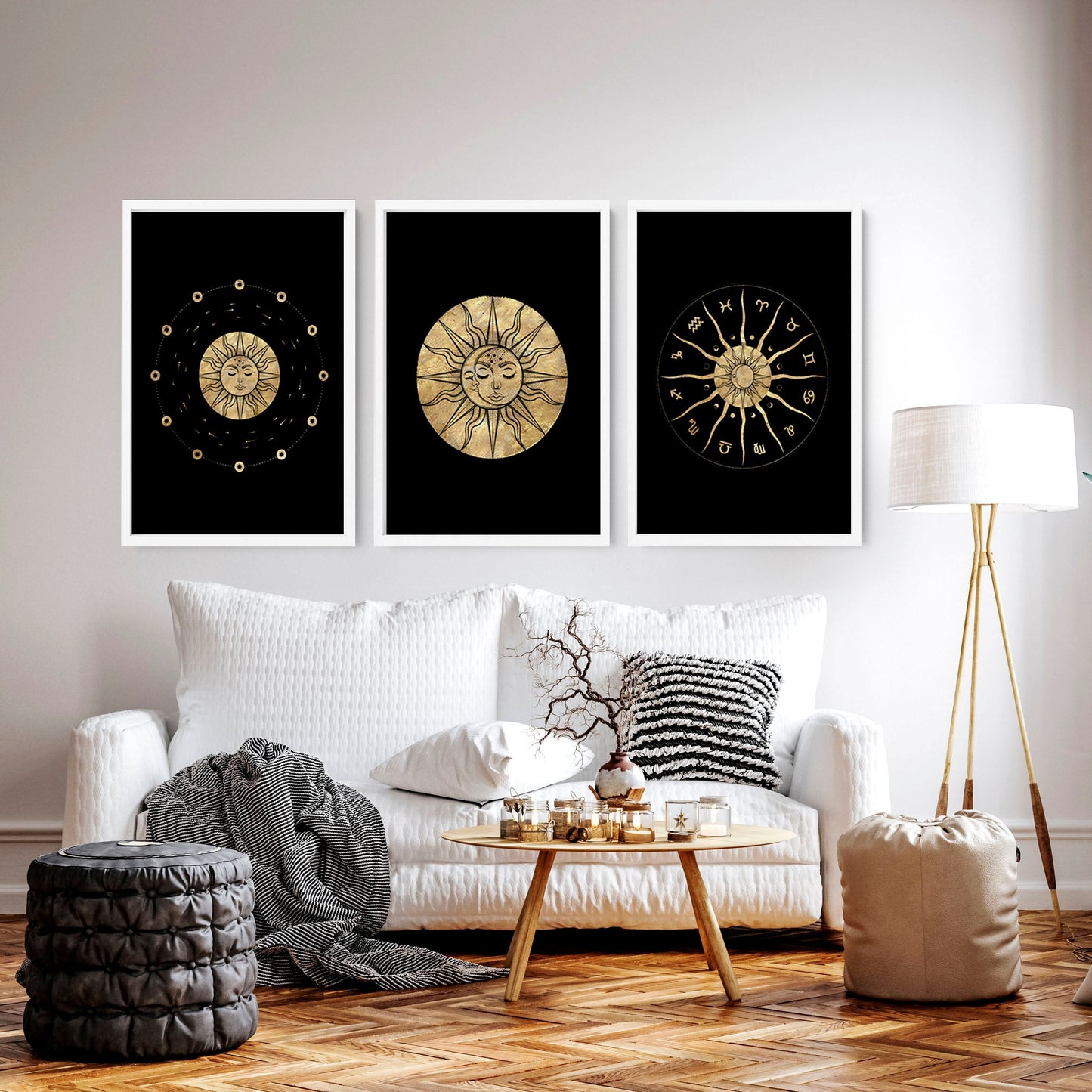 Sun and moon drawing  | set of 3 framed wall art