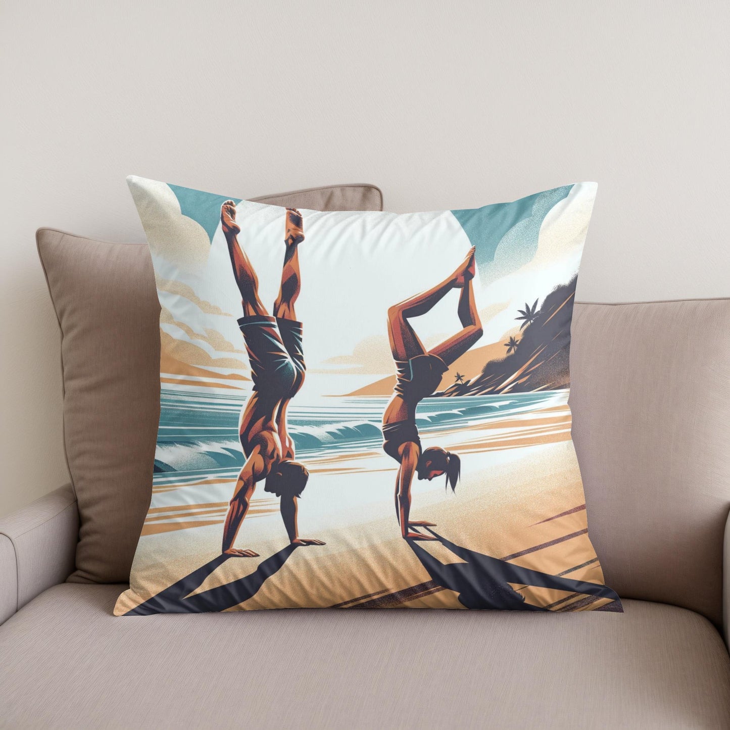 Seaside Acrobatics: Joyful Balance Cotton Cushion