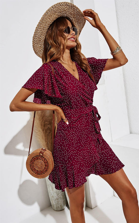 Dot Print Wrap Top Dress In Wine