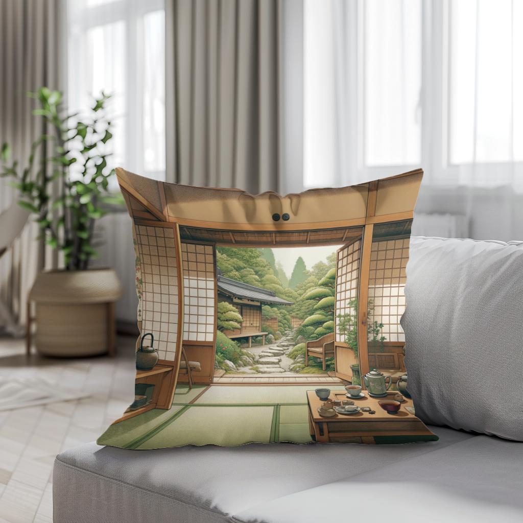 Serene Tea House Cotton Cushion