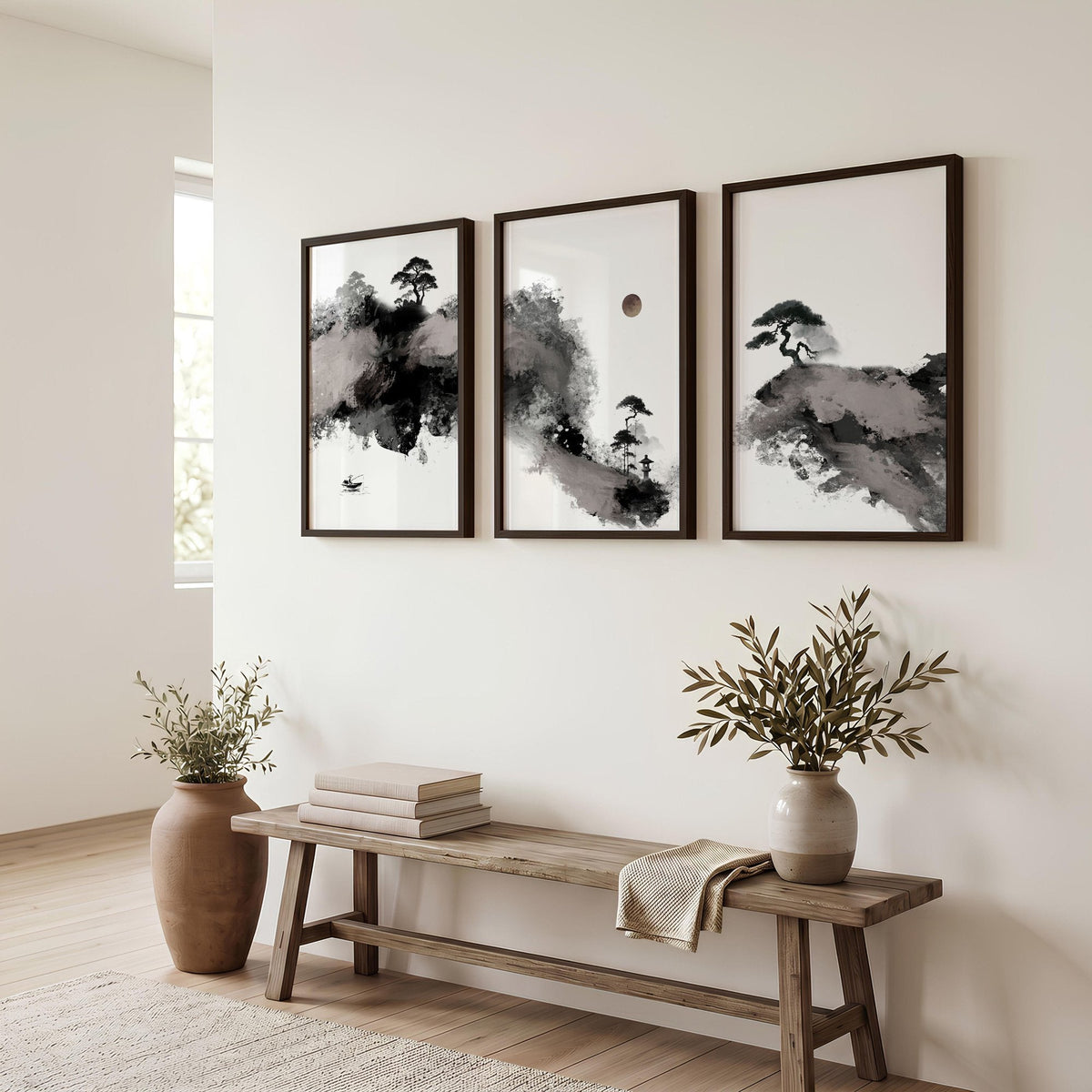 Calming Wall Art Japanese Ink Landscape with Maroon Sun, Black Pine Trees & Lone Fisherman | Set of 3