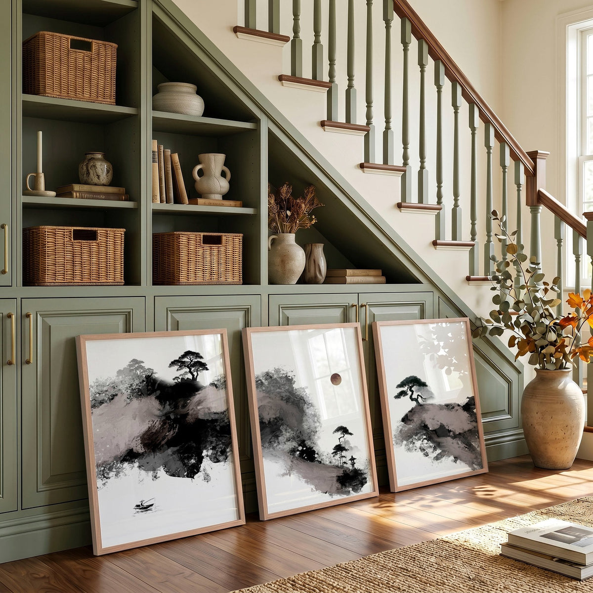 Calming Wall Art Japanese Ink Landscape with Maroon Sun, Black Pine Trees & Lone Fisherman | Set of 3