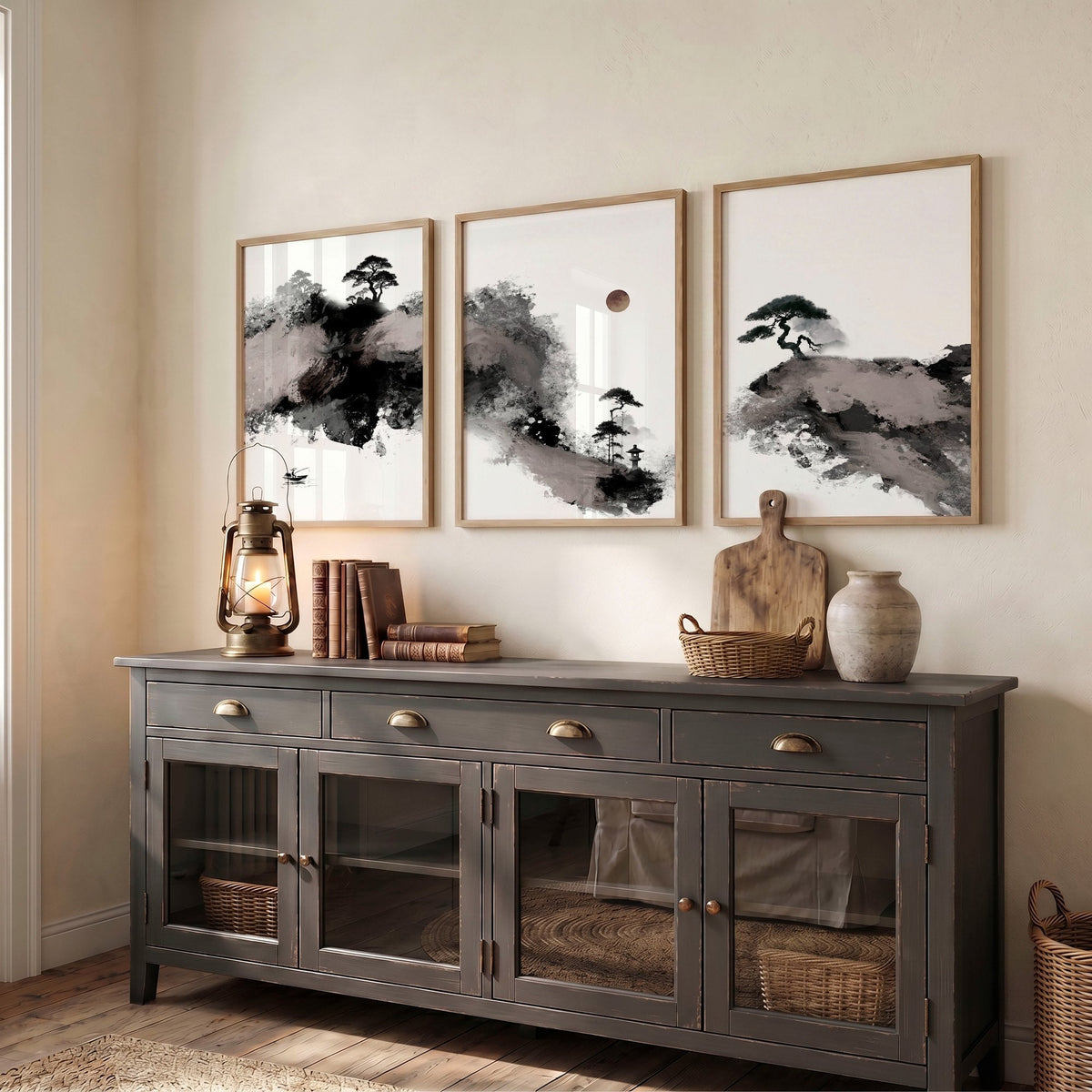 Calming Wall Art Japanese Ink Landscape with Maroon Sun, Black Pine Trees & Lone Fisherman | Set of 3