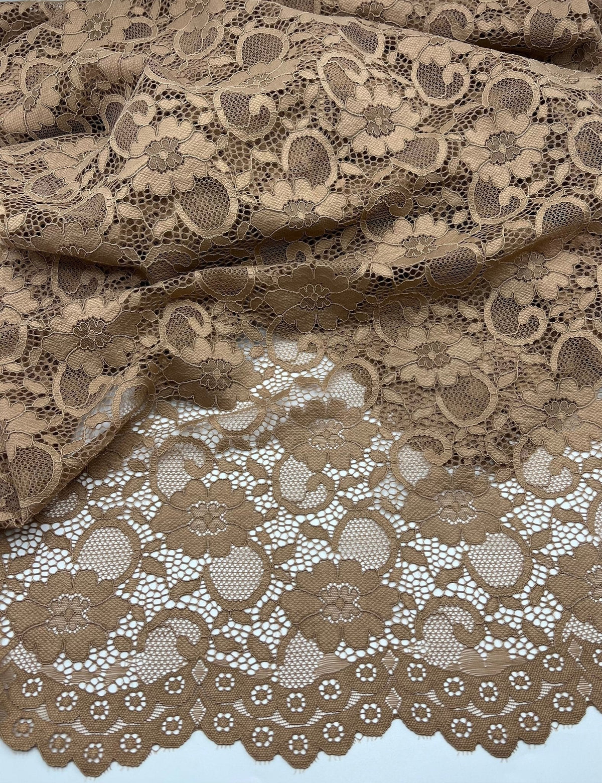 Camel Scalloped Edge Floral Lace Fabric Stretch
