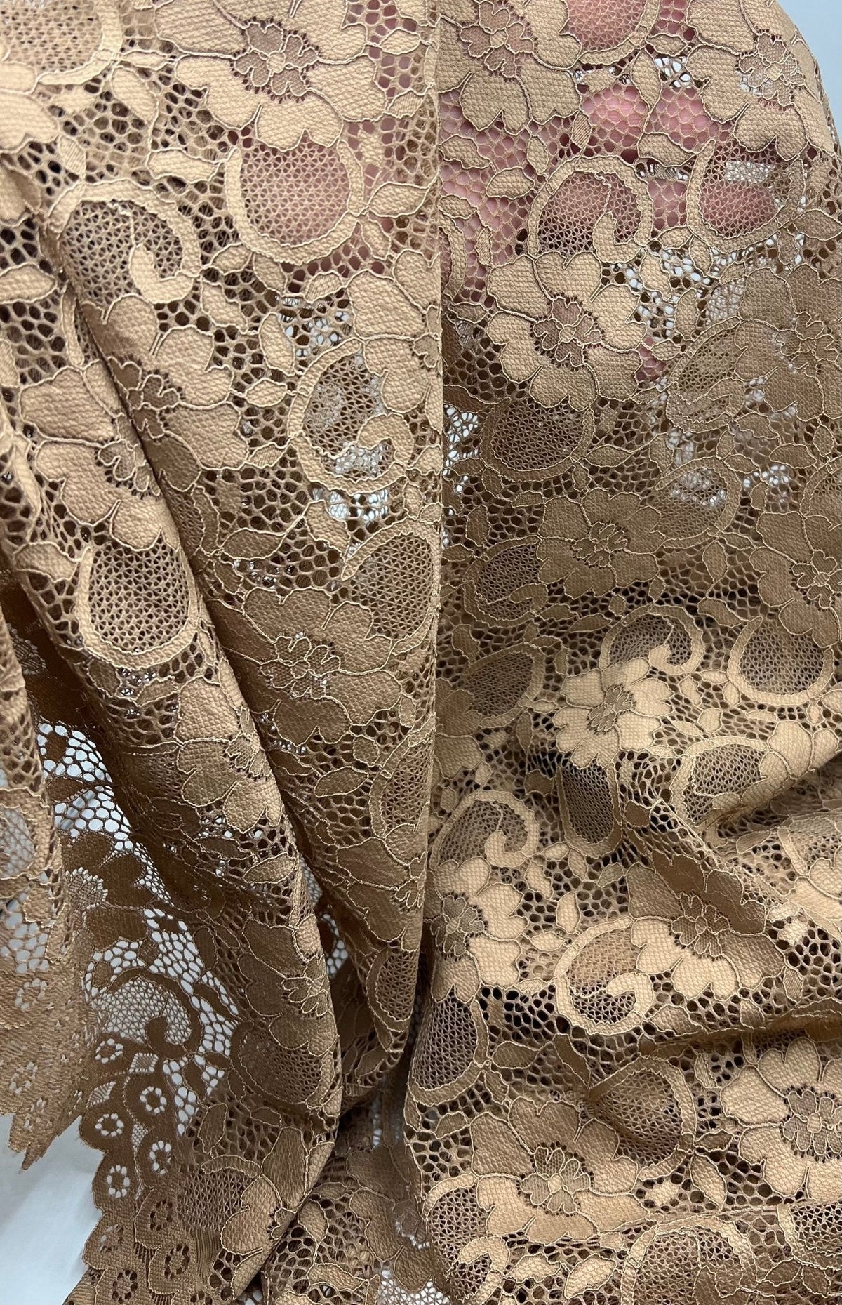 Camel Scalloped Edge Floral Lace Fabric Stretch