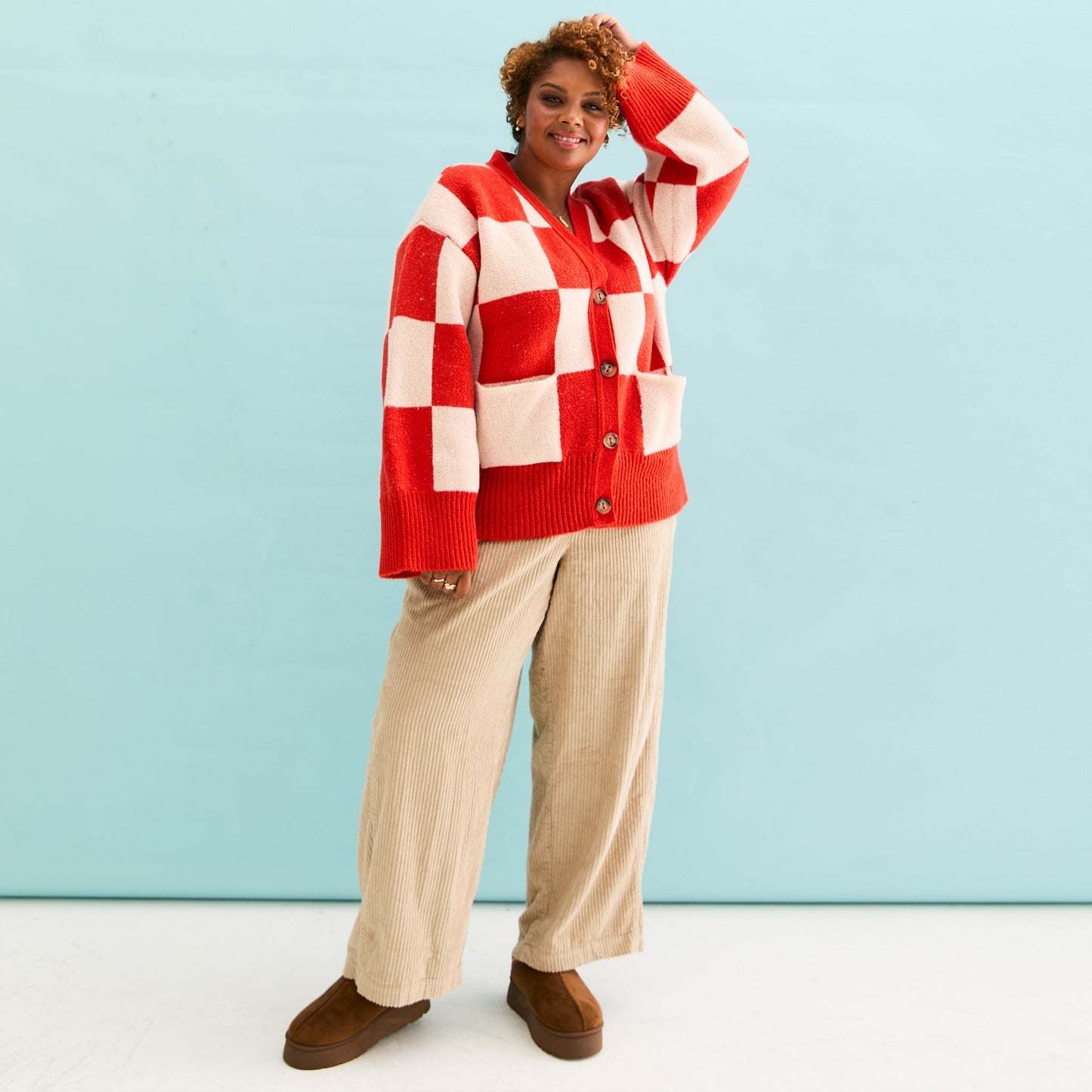 Candice Checkerboard Wide Sleeve Cardigan - Red & White