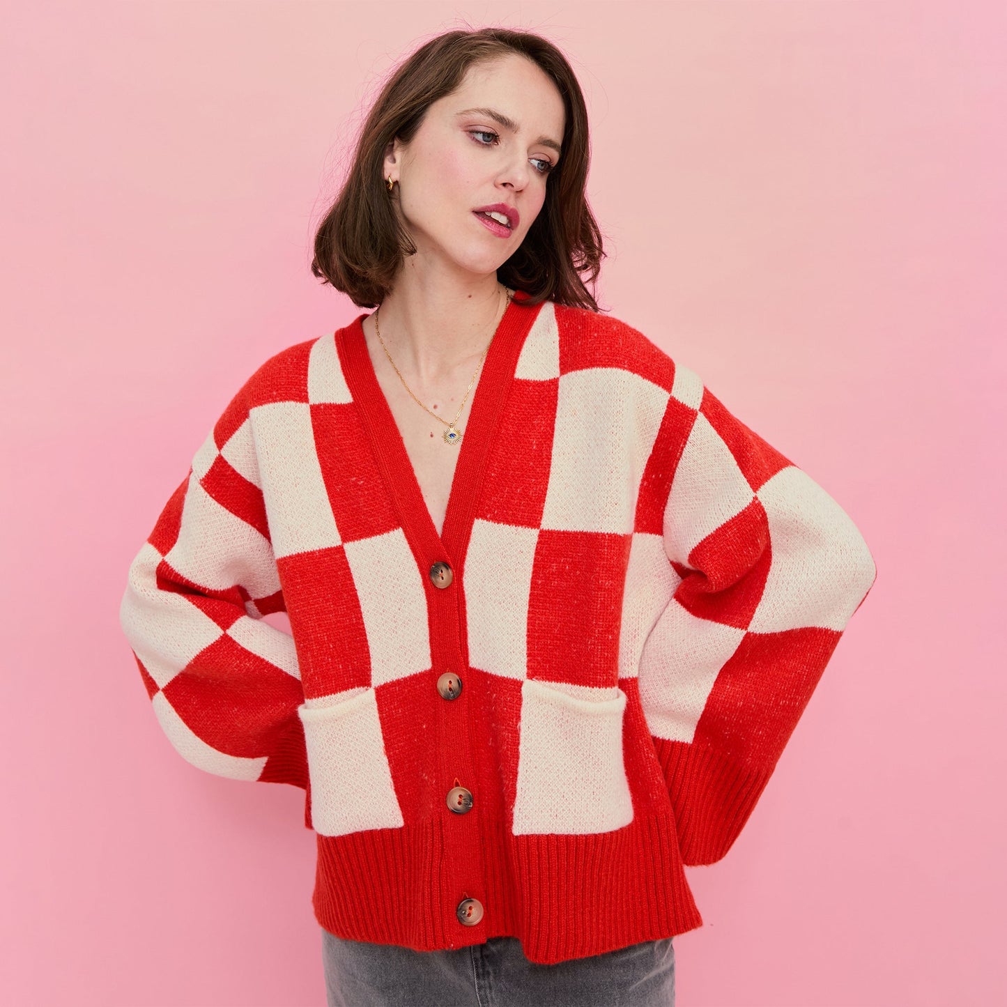 Candice Checkerboard Wide Sleeve Cardigan - Red & White
