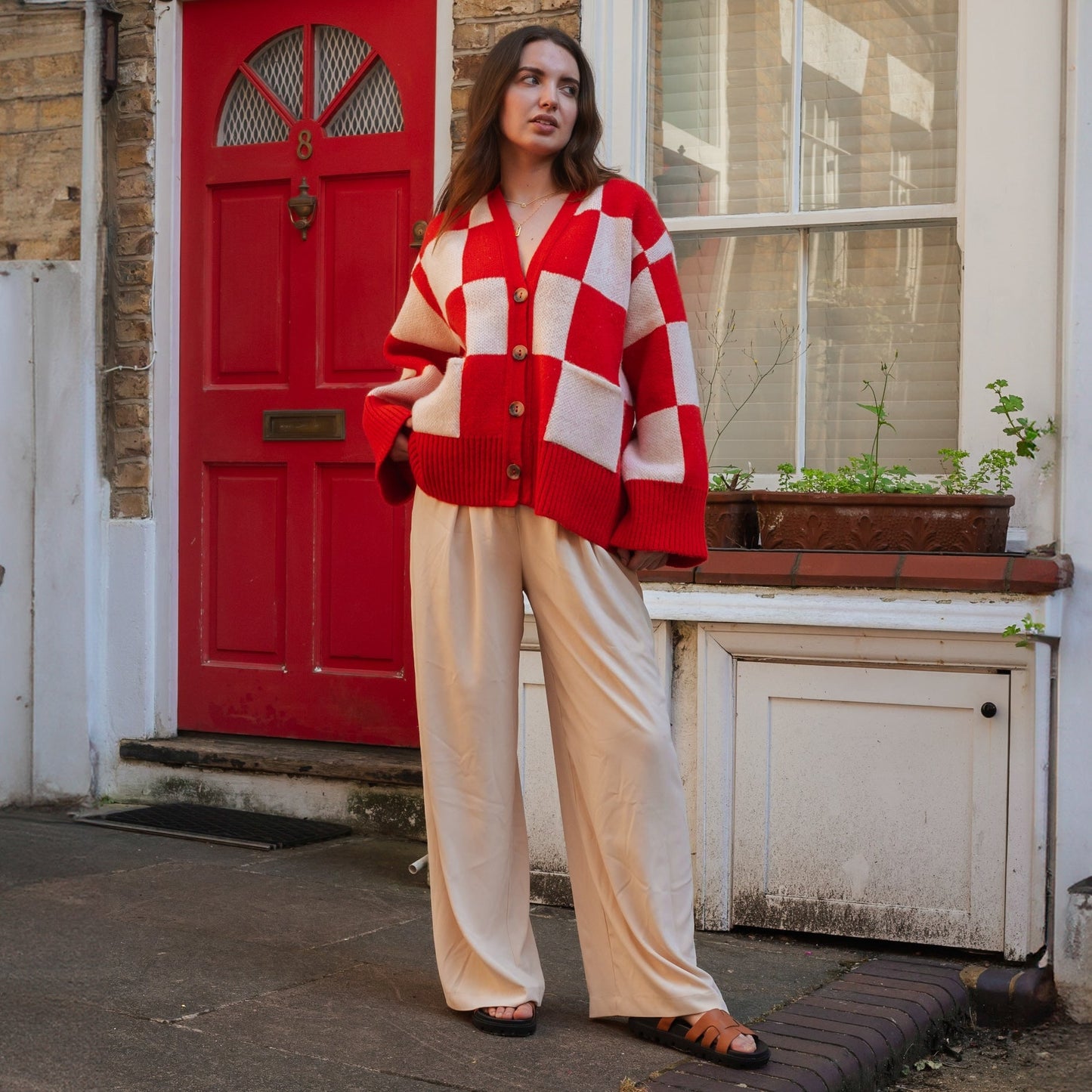 Candice Checkerboard Wide Sleeve Cardigan - Red & White