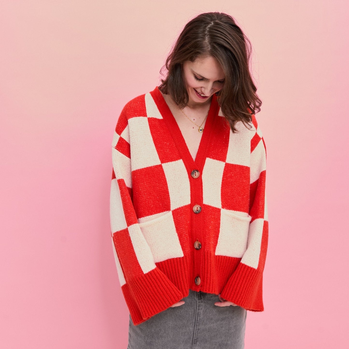 Candice Checkerboard Wide Sleeve Cardigan - Red & White