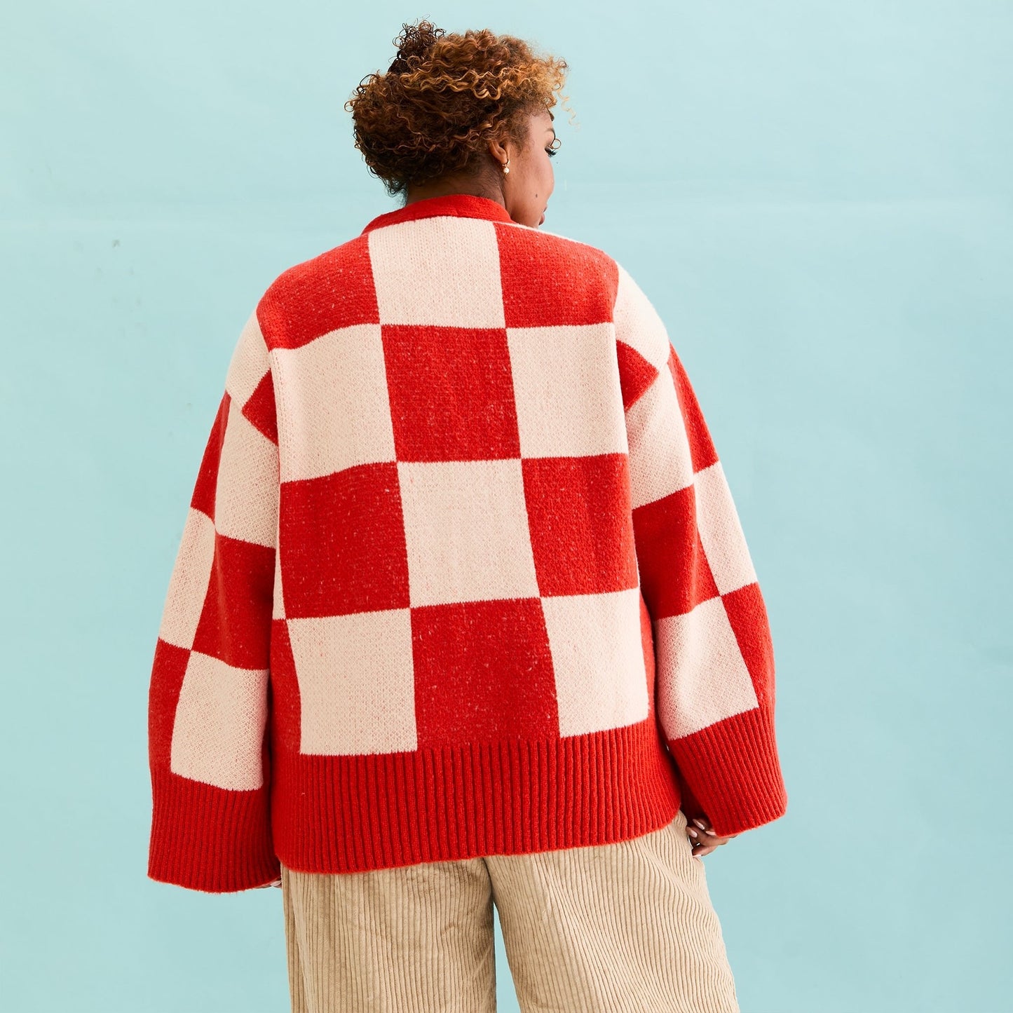 Candice Checkerboard Wide Sleeve Cardigan - Red & White