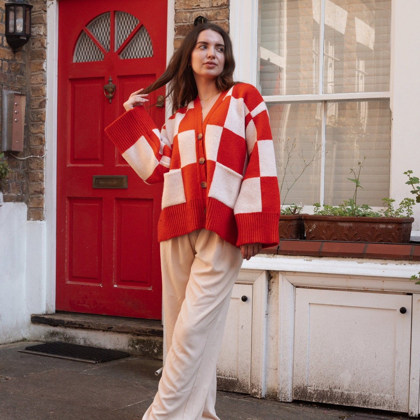 Candice Checkerboard Wide Sleeve Cardigan - Red & White