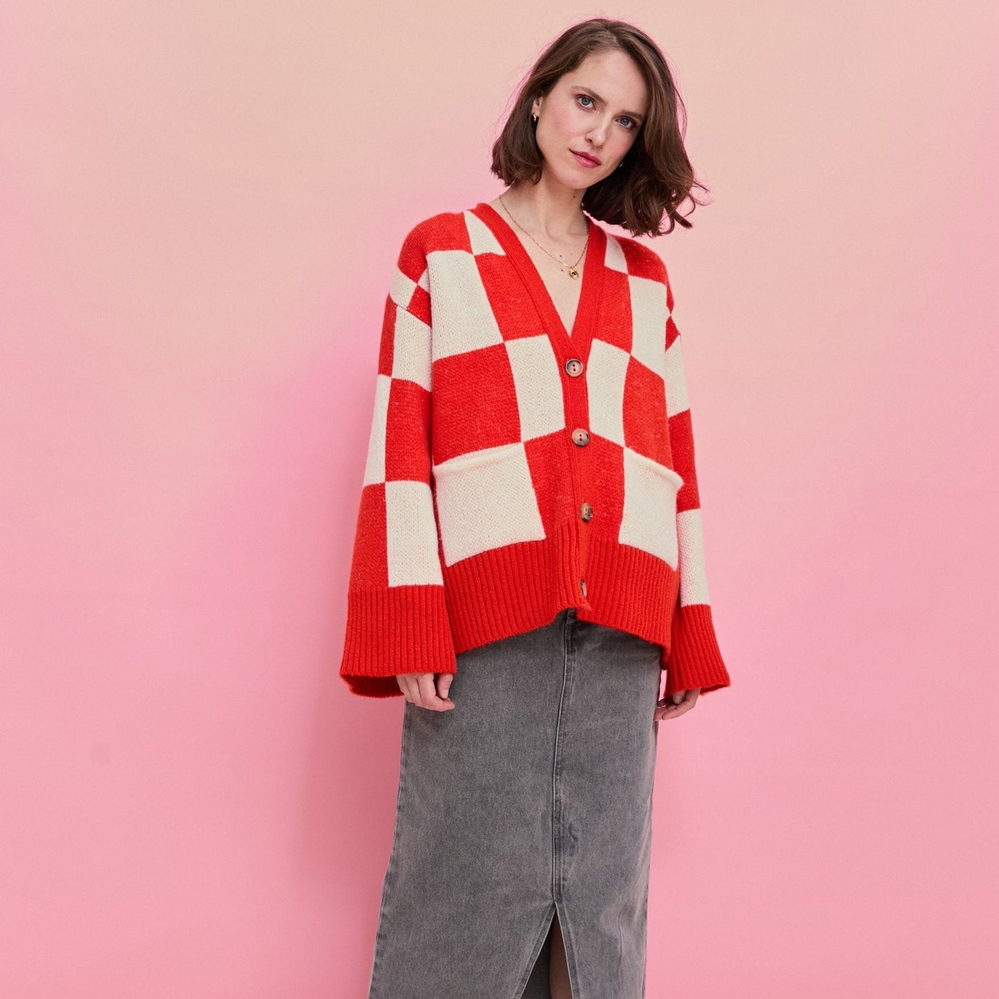 Candice Checkerboard Wide Sleeve Cardigan - Red & White