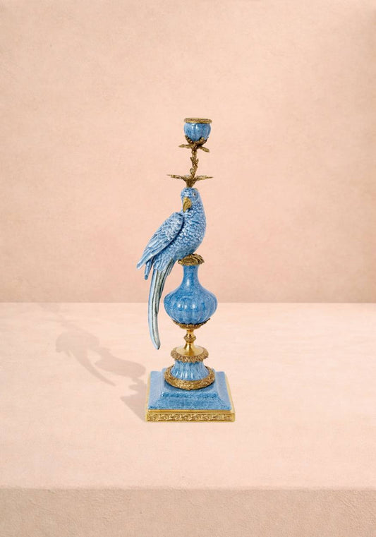 Enamelled Pretty Polly Parrot Candlestick - Left