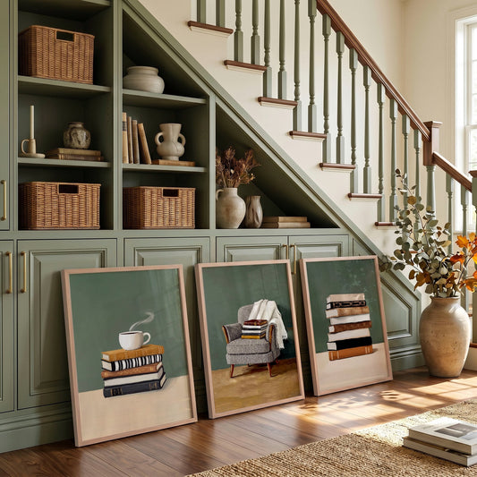 Canvas 3 Piece Wall Art Bohemian Books & Reading Chair Green Tones | Set of 3