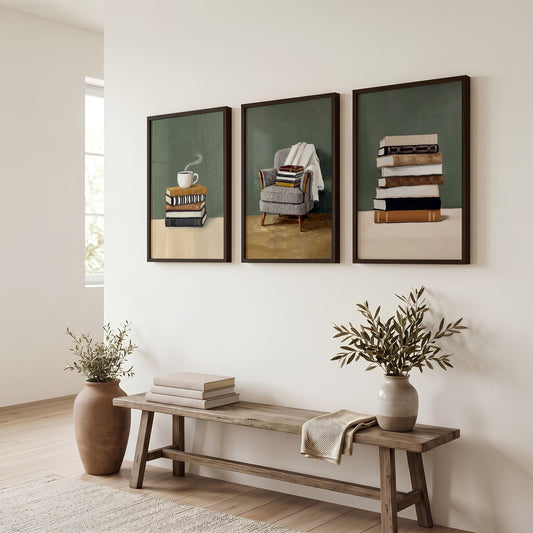 Canvas 3 Piece Wall Art Bohemian Books & Reading Chair Green Tones | Set of 3