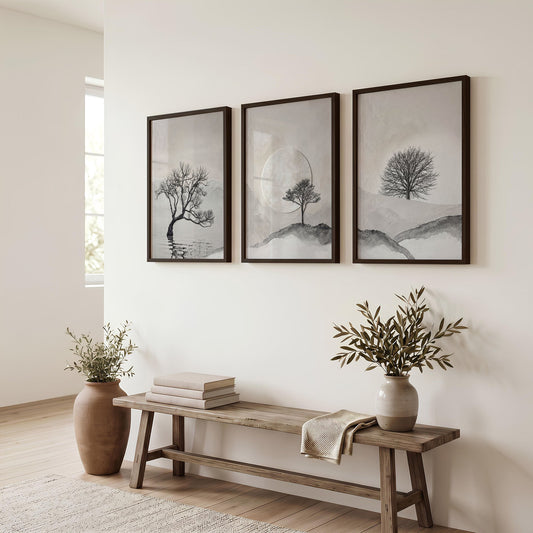 Canvas Art Landscape Scandi Nordic Trees & Moon Wall Art Prints | Set of 3