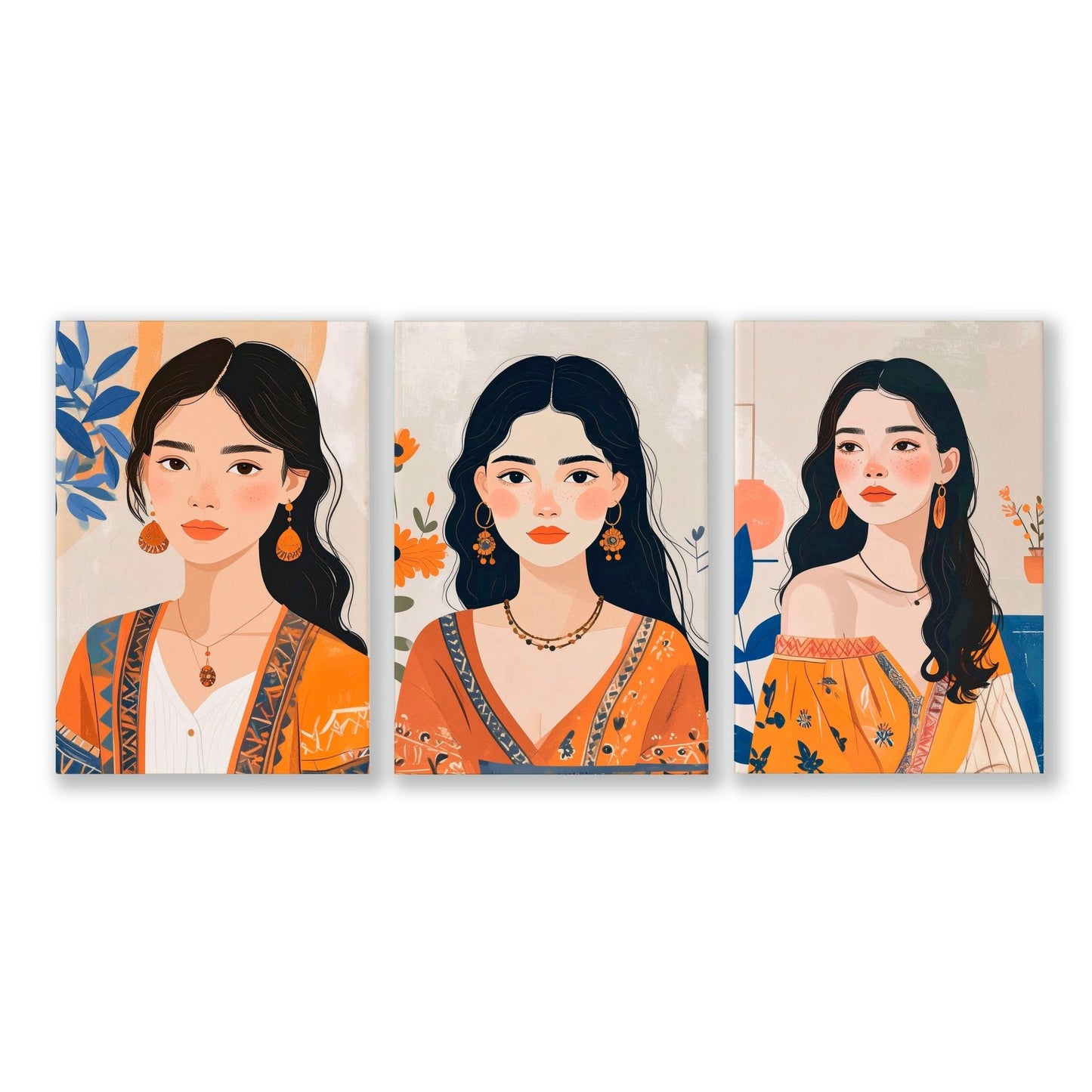 Canvas Bedroom Art | Set of 3 Boho Women Wall art Prints