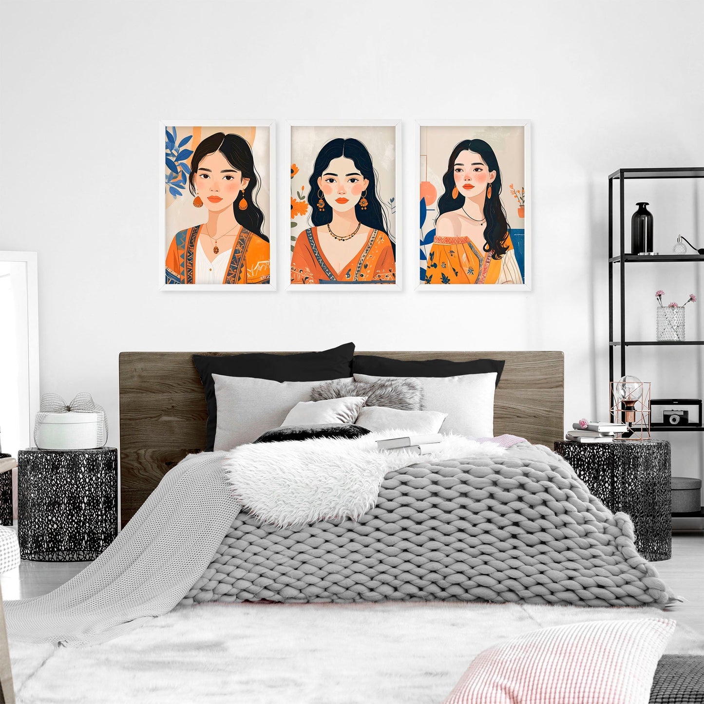 Canvas Bedroom Art | Set of 3 Boho Women Wall art Prints