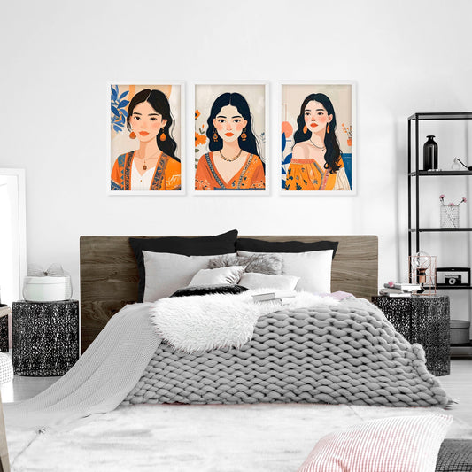 Canvas Bedroom Art | Set of 3 Boho Women Wall art Prints